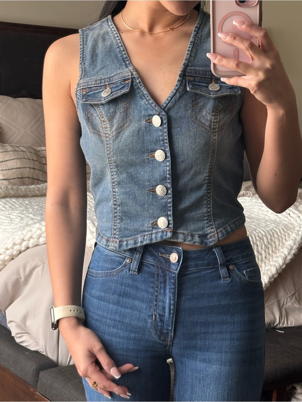 True Religion Denim Button-Front V-Neck Crop Top - Blue
